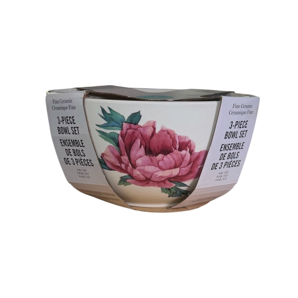 Martha Stewart 3 Piece Fine Ceramic Bowl Set Floral Peony Pink Cream New